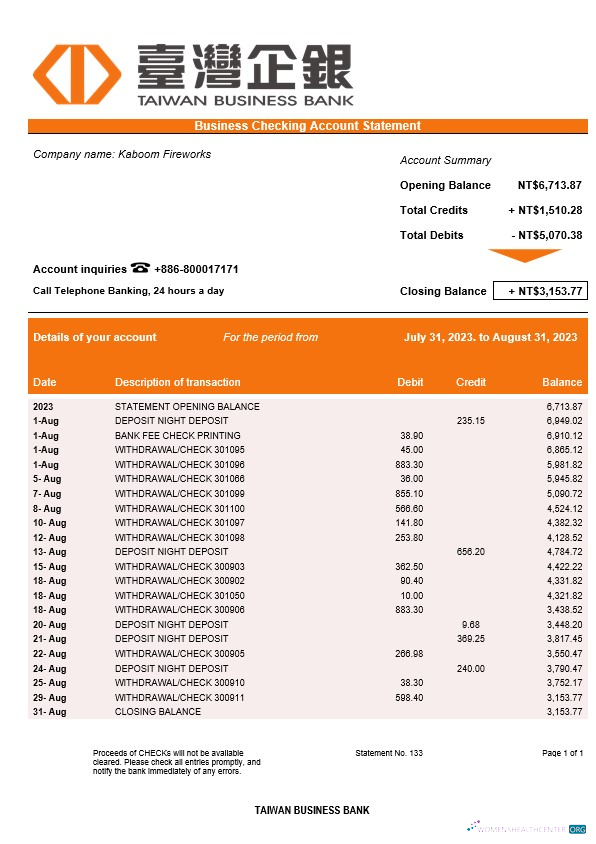 Download Taiwan Business Bank statement Word and PDF template Photoshop template